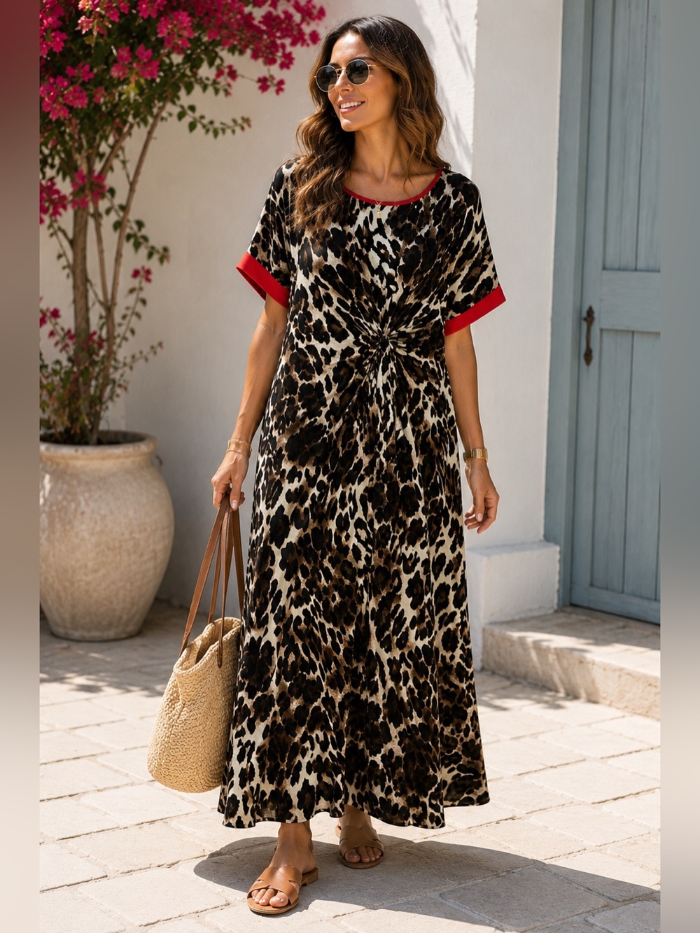 Q2 Leopard Print Maxi Dress Front Knot Detail Resort Luxe medium NWOT